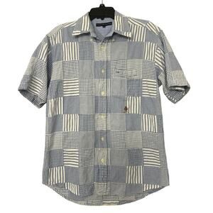 Tommy Hilfiger Cotton Madras Plaid Patchwork Preppy Short Sleeve Button Down Med